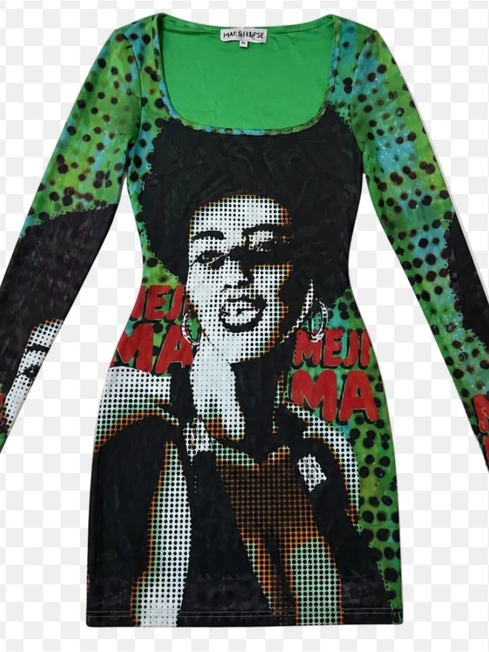 Marsell Green Pop Art Long Sleeve Bodycon Dress